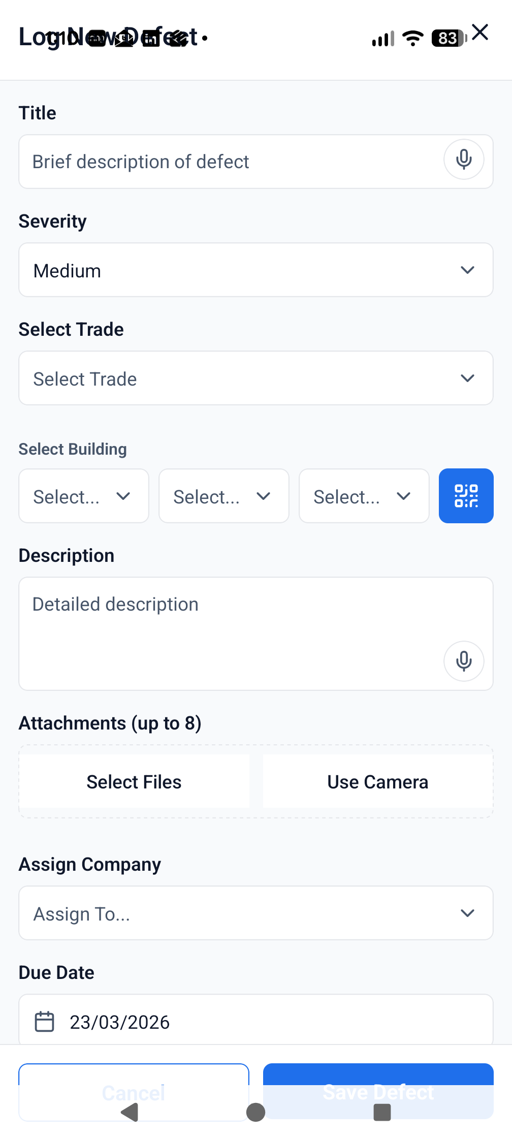 Defects screen in the English version of ProTrac CMS